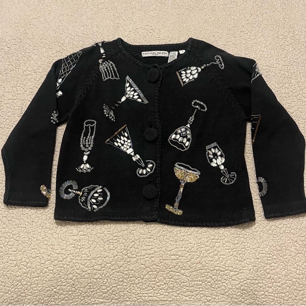 Vintage Michael Simon Cardigan Sweater Black Jeweled Martini Glasses Size M - Picture 3 of 16